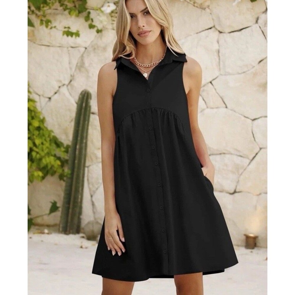 NWT Collared Shirt Dress Sz S Casual Loose Button Down Mini V Neck Tunic Pockets - Picture 11 of 16